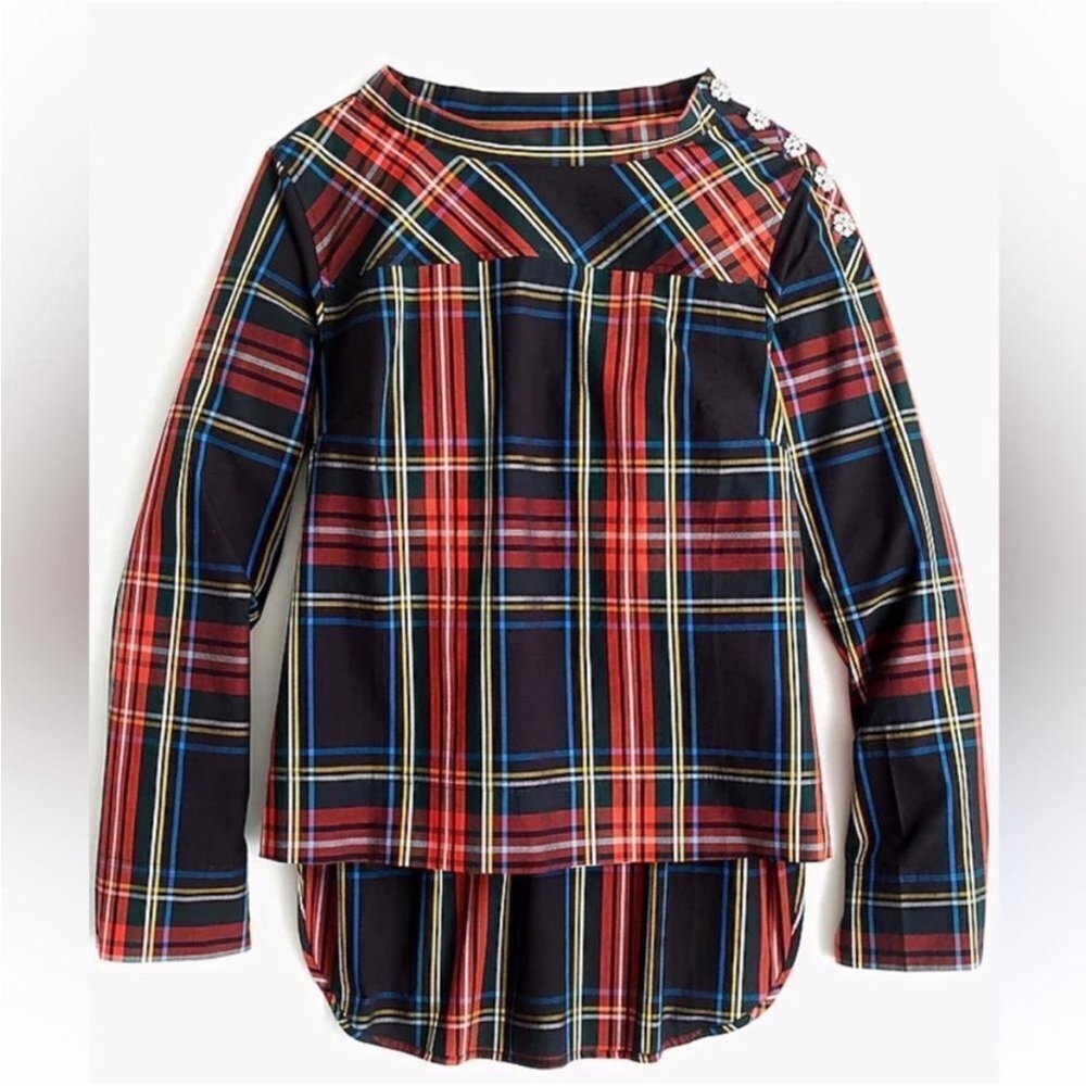 J. Crew size 6 Funnelneck Red Plaid Stewart Jewel Buttons Blouse Top Shirt chic